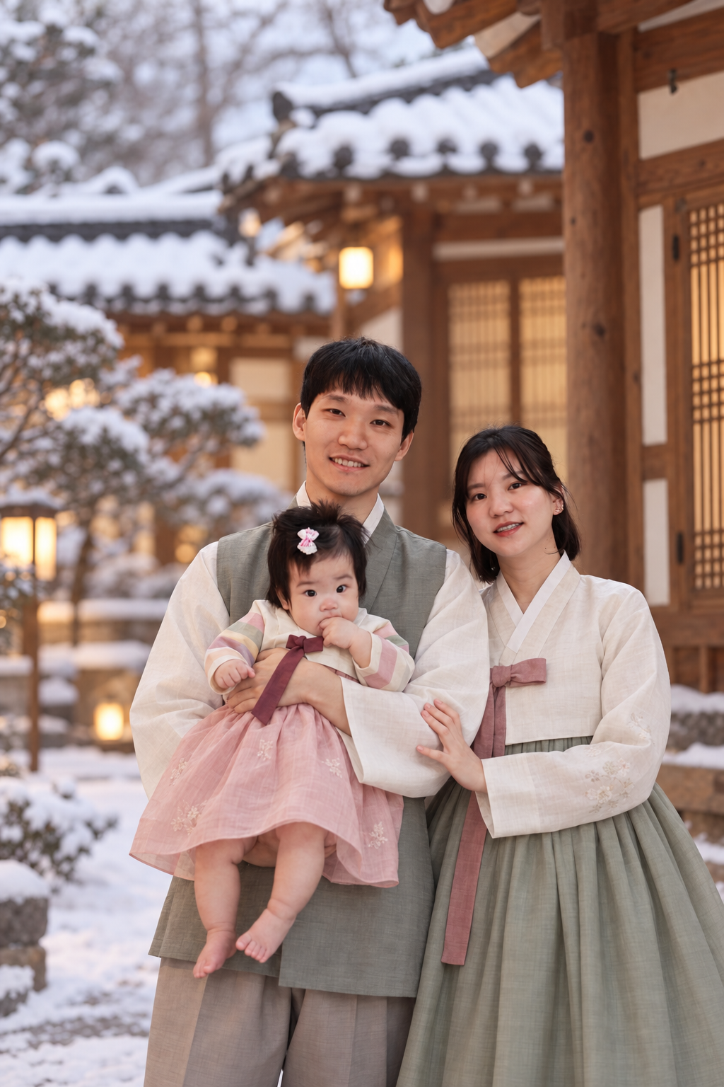 눈 내린 한옥을 배경으로 한복을 입고 함께한 다나와 엄마, 아빠