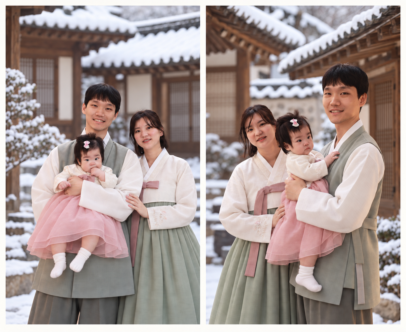 한복을 입은 엄마와 아빠 품에 안긴 다나